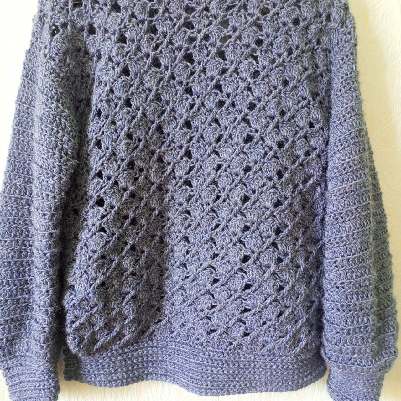 Blue Oversized Crochet Sweater – Handmade Wool Jumper | Boho Lace Knit Pullover | Chunky Winter Sweater