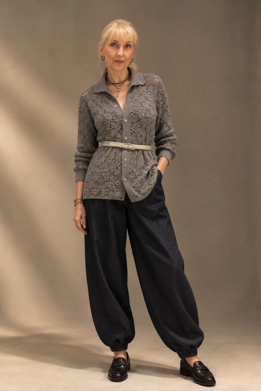 Handmade Grey Crochet Shirt – Oversized Polo Collar Wool Cardigan with Floral Lace Texture