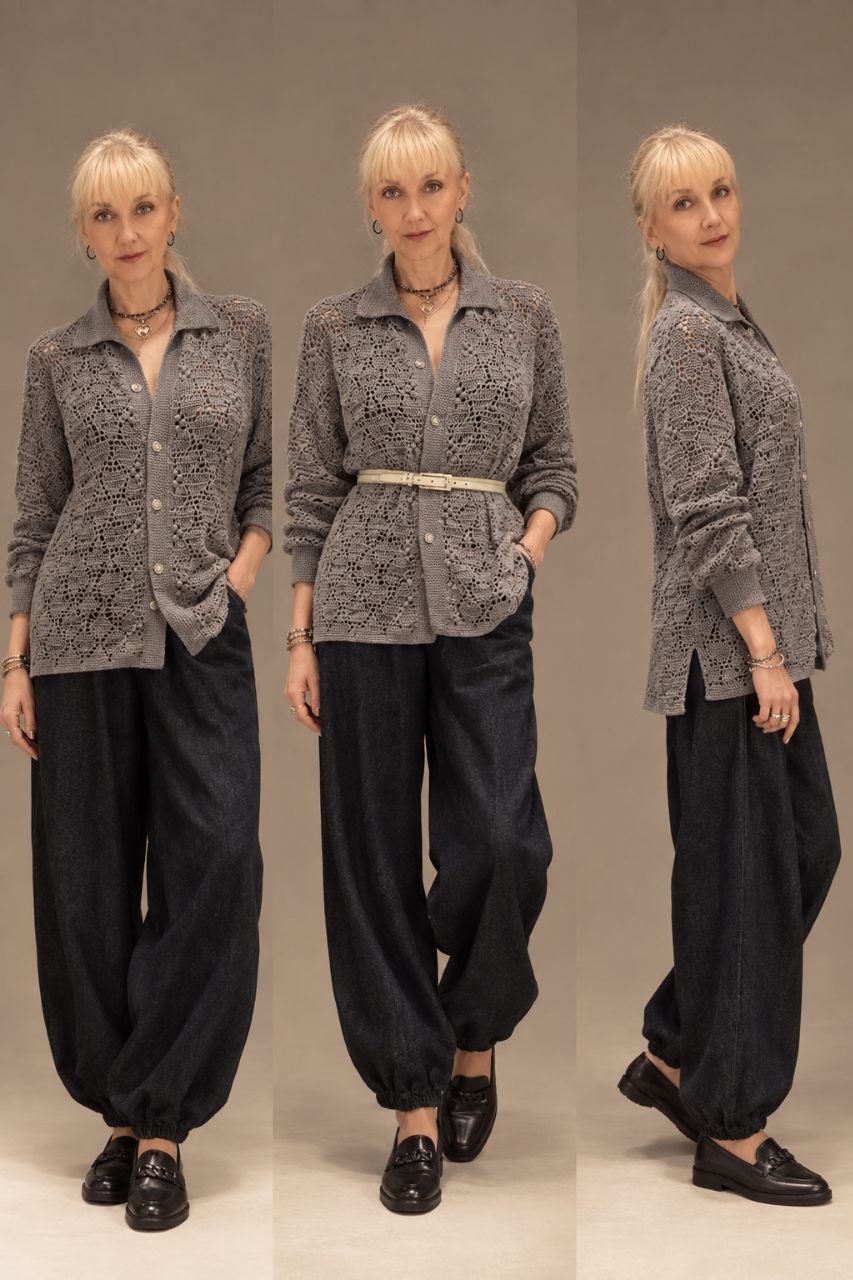 Handmade Grey Crochet Shirt – Oversized Polo Collar Wool Cardigan with Floral Lace Texture