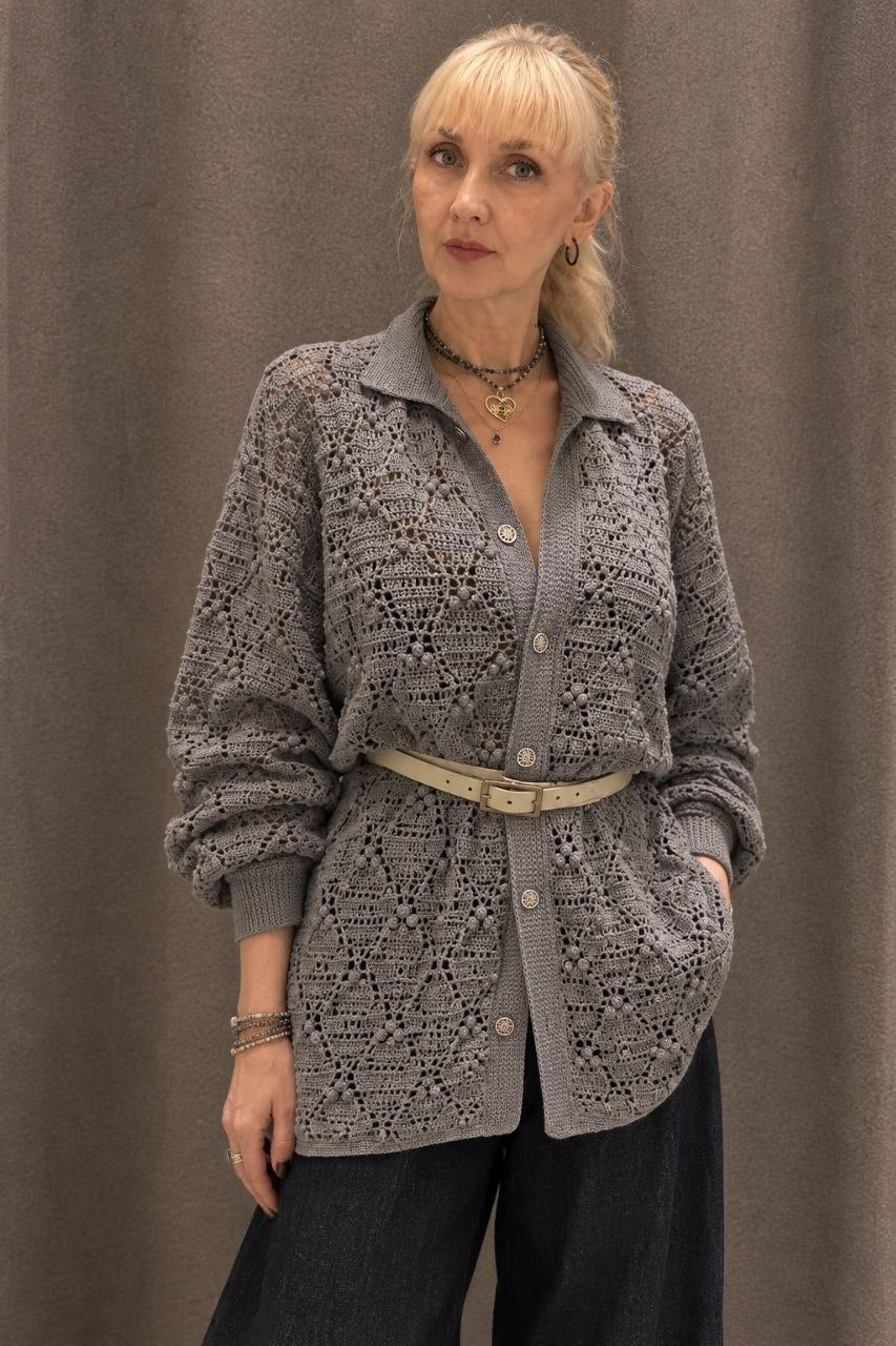Handmade Grey Crochet Shirt – Oversized Polo Collar Wool Cardigan with Floral Lace Texture