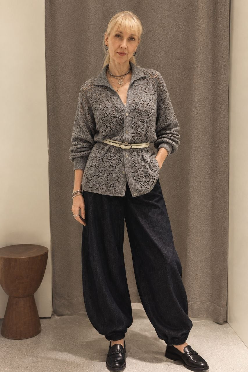 Handmade Grey Crochet Shirt – Oversized Polo Collar Wool Cardigan with Floral Lace Texture