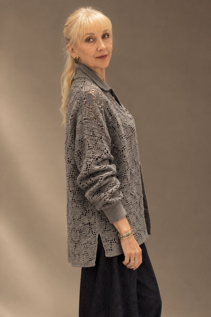 Handmade Grey Crochet Shirt – Oversized Polo Collar Wool Cardigan with Floral Lace Texture