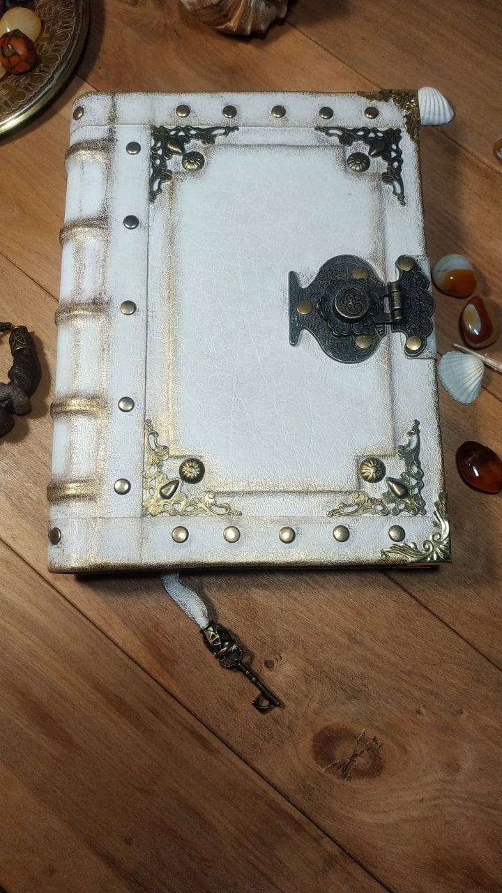 White Leather Journal with Antique Lock – Handmade Vintage Blank Notebook, Book of Shadows