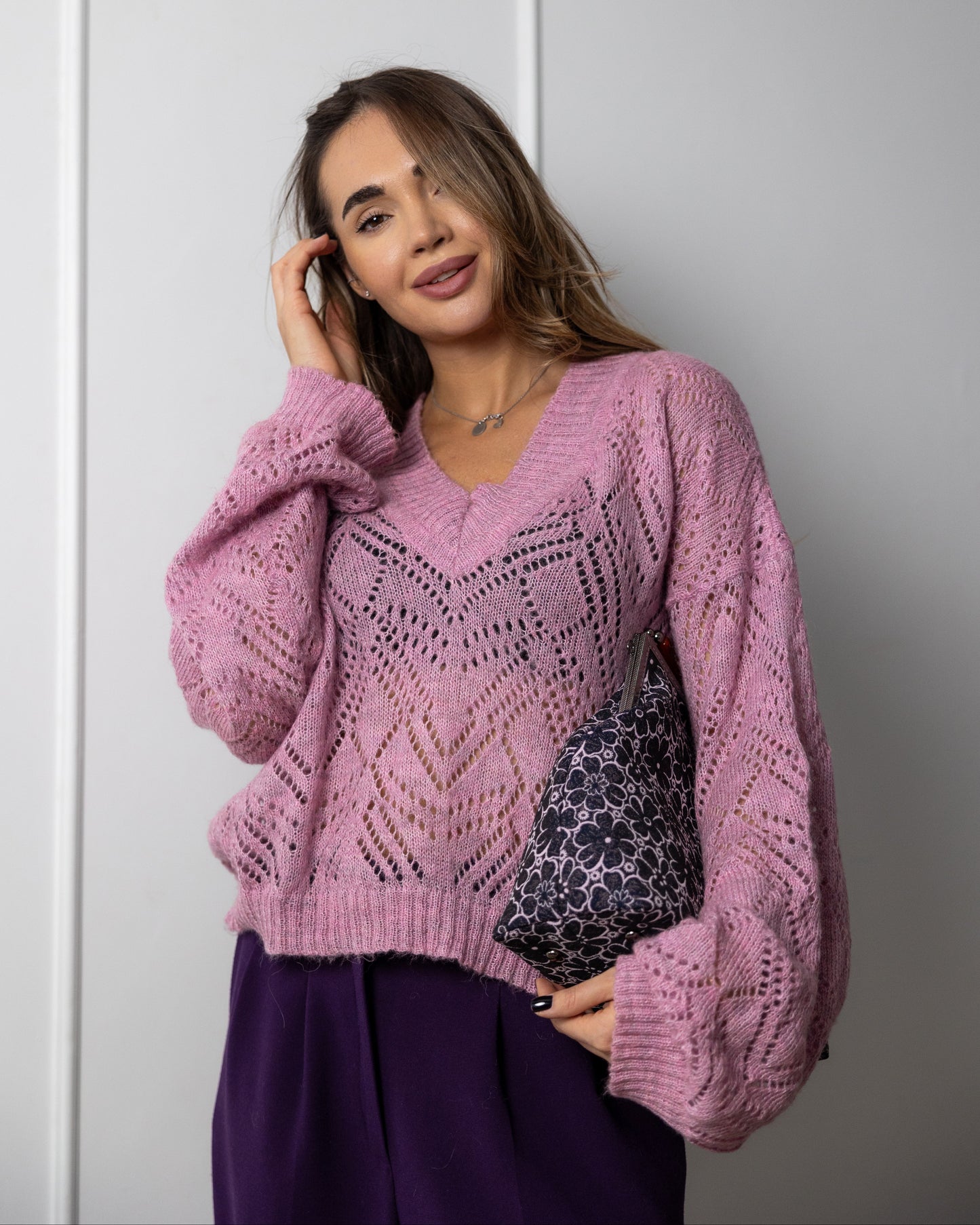 Pink oversize mohair lacy knit chunky jumper