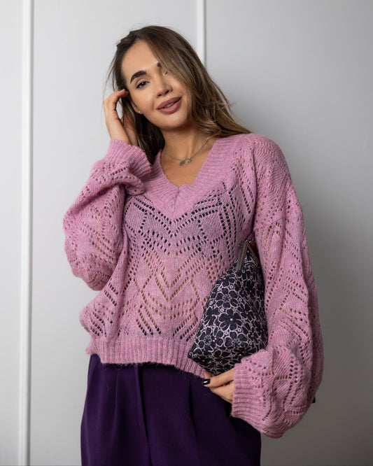 Pink oversize mohair lacy knit chunky jumper