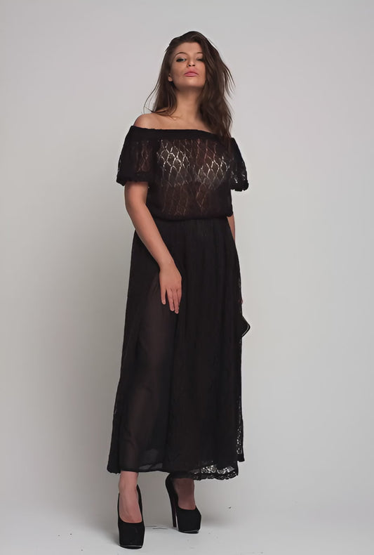Black Off Shoulder Lacy Maxi Knit Mohair Dress with Slit and Pockets