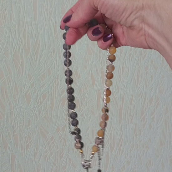 Video of grey labradorite beads and yellow flower agate pendant necklace