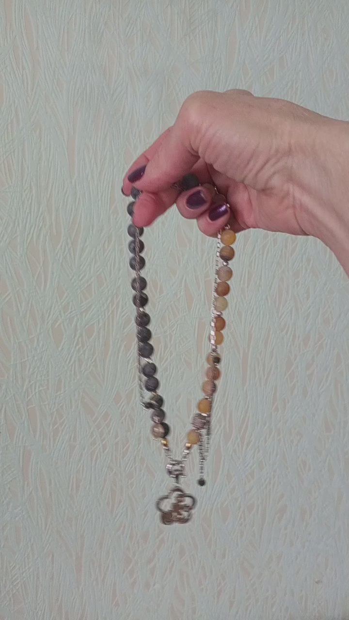 Video of grey labradorite beads and yellow flower agate pendant necklace