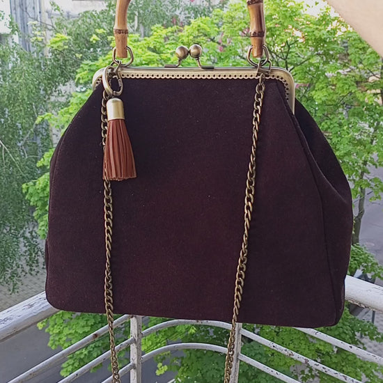 Genuine leather suede bag brown retro clip frame design