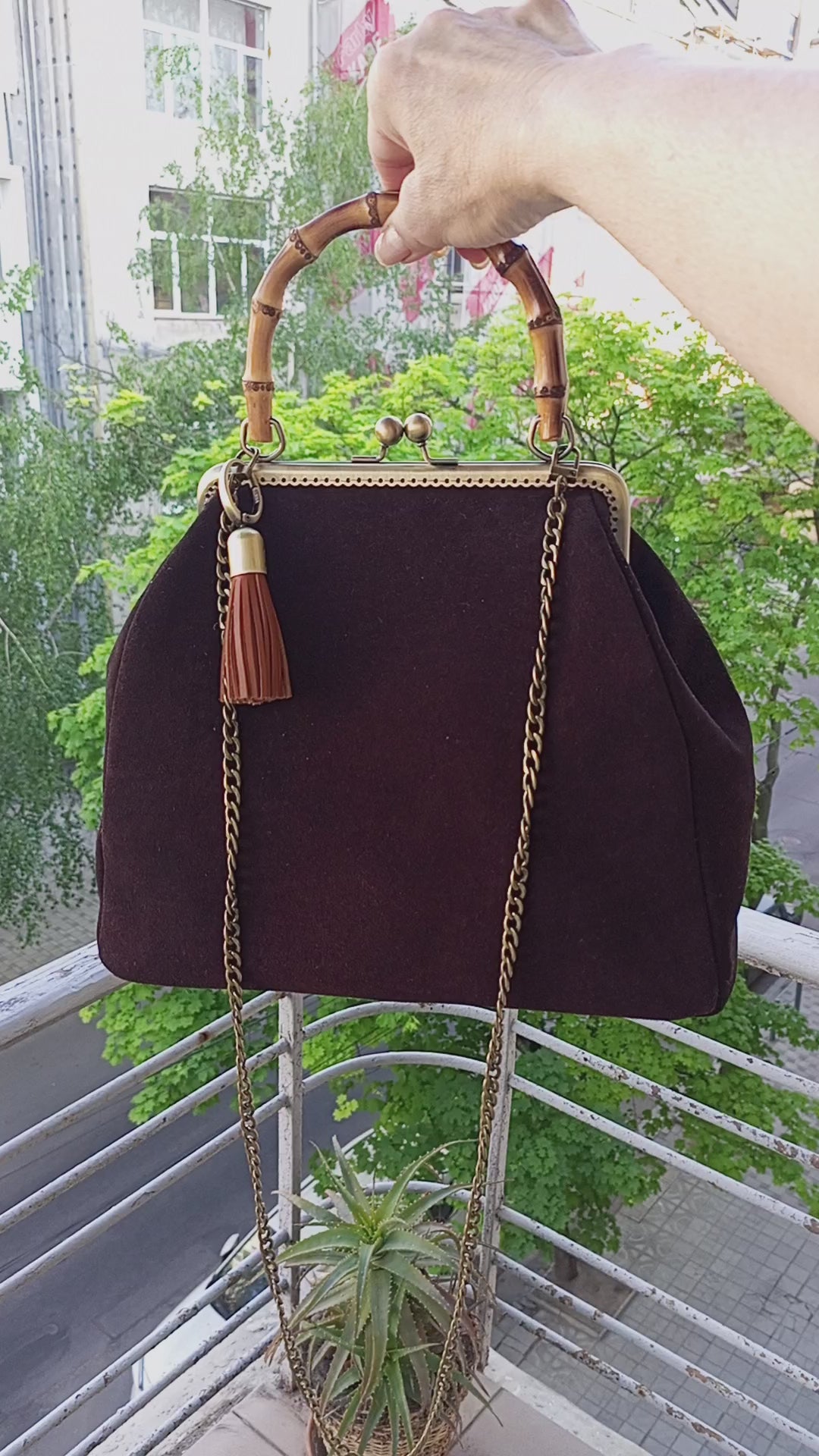 Genuine leather suede bag brown retro clip frame design