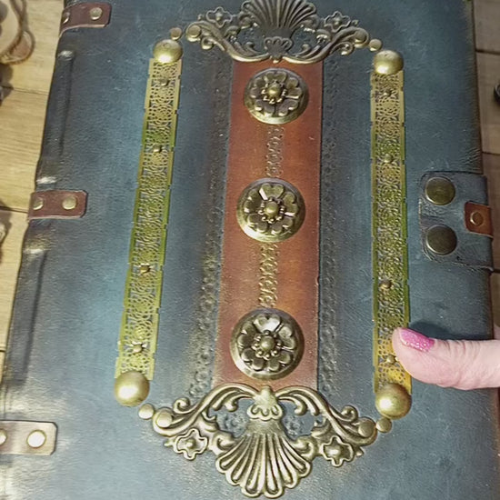 Video of Brown grey leather antique journal handmade vintage grimoire with lock