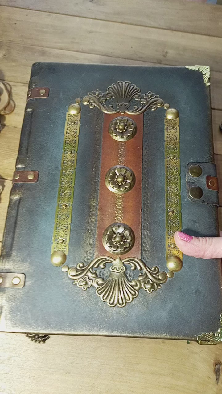 Video of Brown grey leather antique journal handmade vintage grimoire with lock