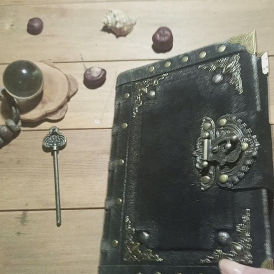 Video with aged antique journal pages inside black suede leather notebook