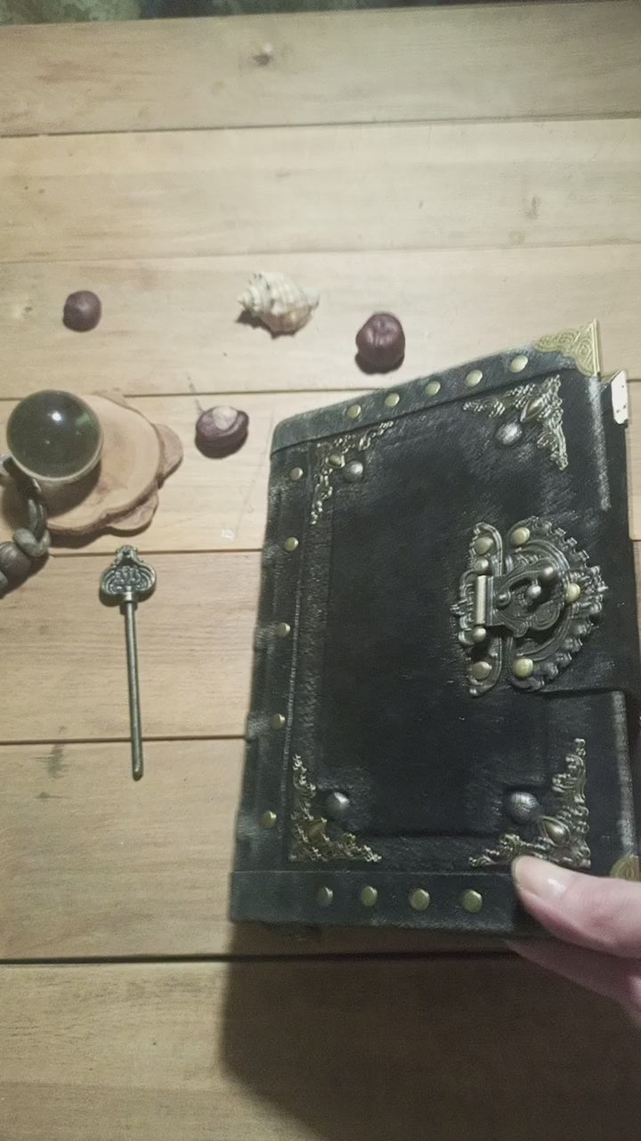 Video with aged antique journal pages inside black suede leather notebook