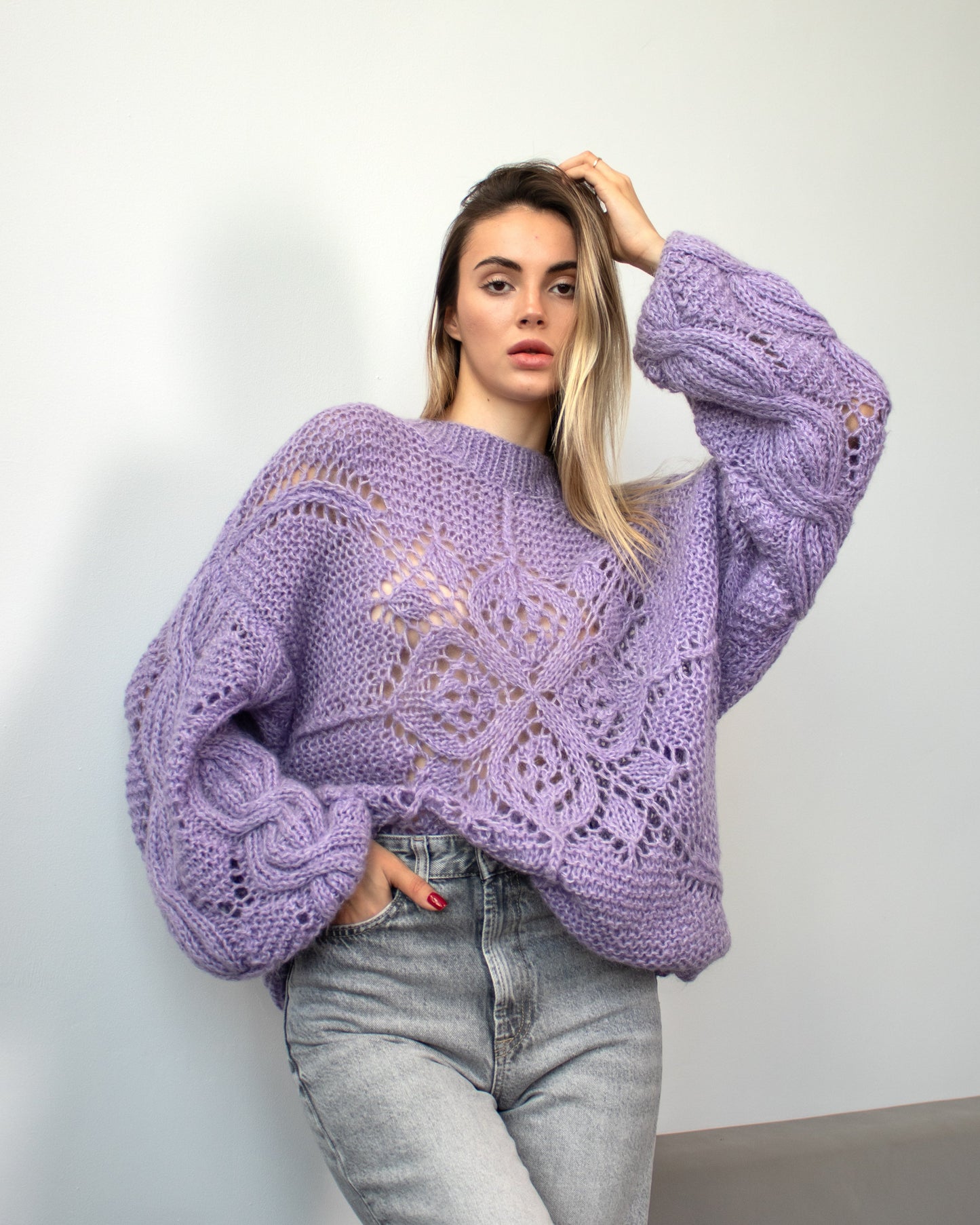 Lavanda handknit mohair oversize jumper with floral patterns