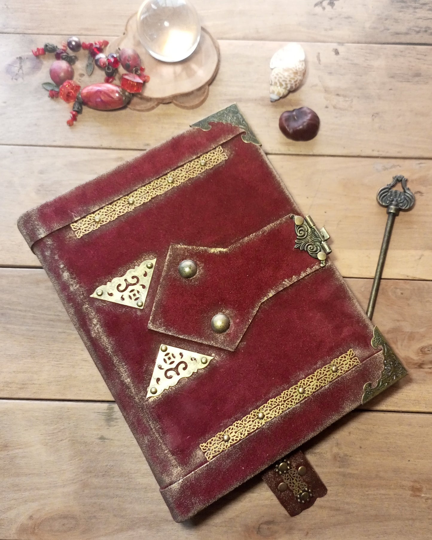 Red aged suede journal hard cover bounder with gold accents 