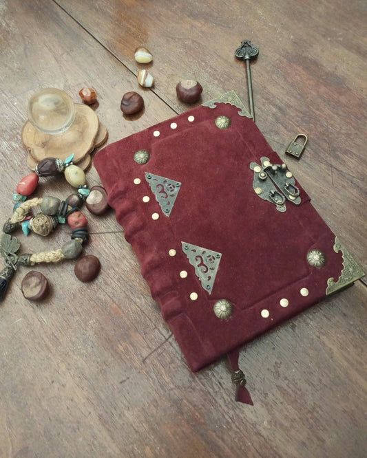 blood red aged suede journal wth brass embelishments and antique lock
