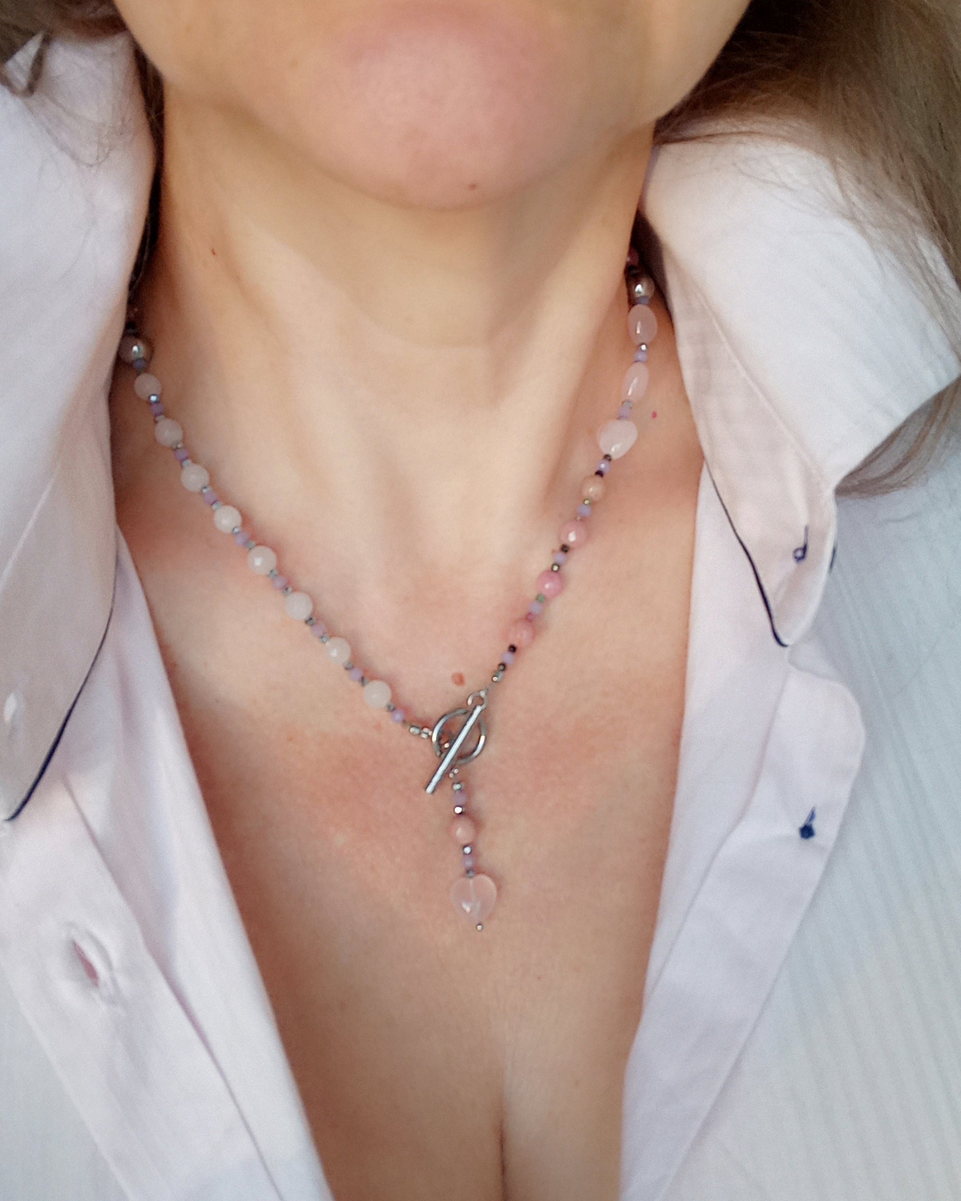 rose quartz heart necklace with rhodochrosite and tourmaline beads gemstone choker with stainless steel clasp