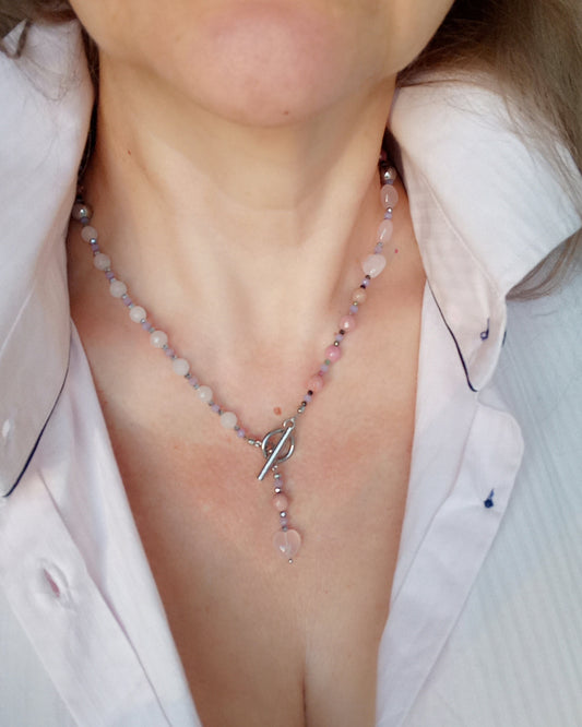 rose quartz heart necklace with rhodochrosite and tourmaline beads gemstone choker with stainless steel clasp