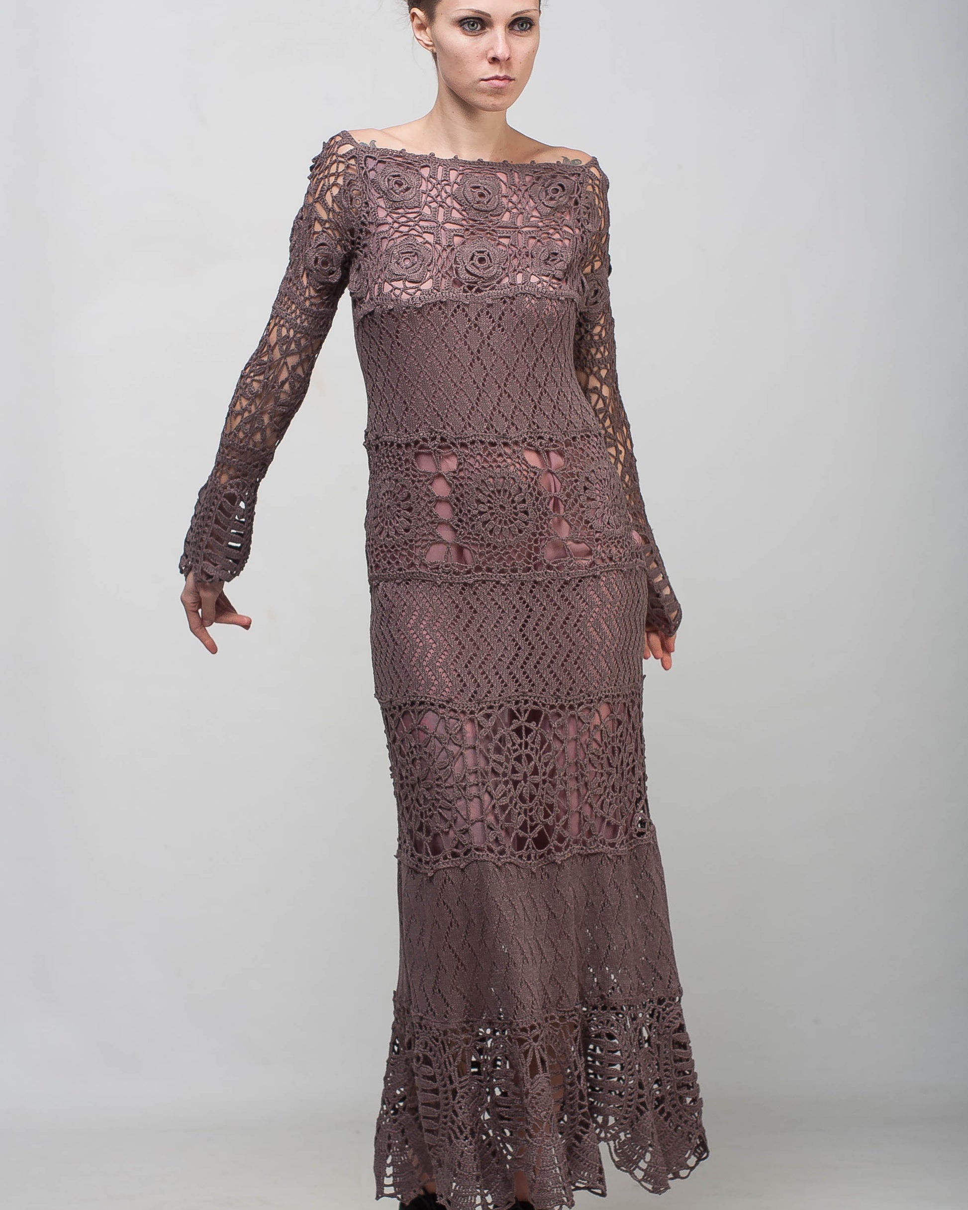 Taupe maxi length crochet lacy party dress with long sleeves