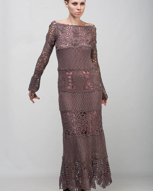 Taupe maxi length crochet lacy party dress with long sleeves