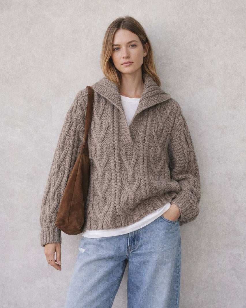 Taupe oversize cable knit sweater with polocollar
