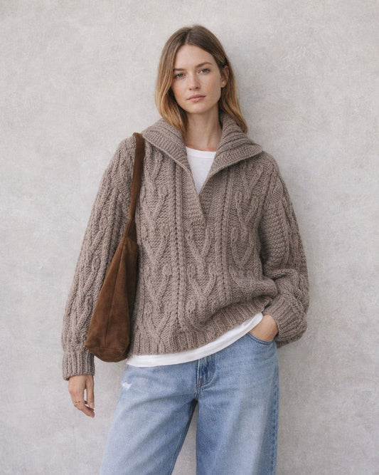 Taupe oversize cable knit sweater with polocollar