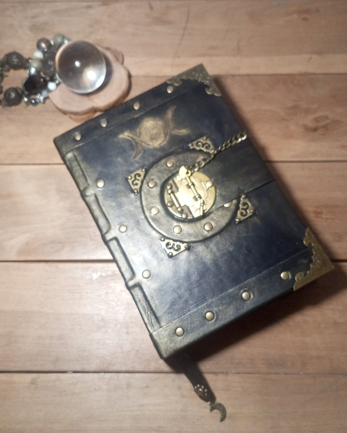 black genuine leather age journal, Goddess triple Moon medieval grimoire