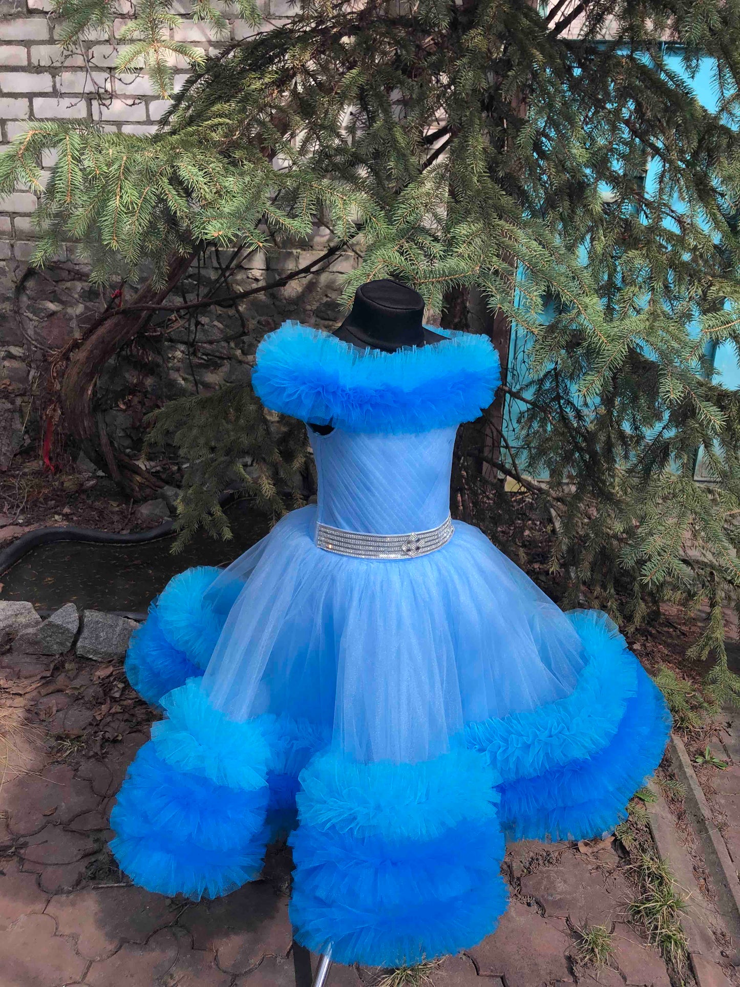 Blue Tulle Flower Girl Dress – Princess Ball Gown for Girls, Off Shoulder Party Dress