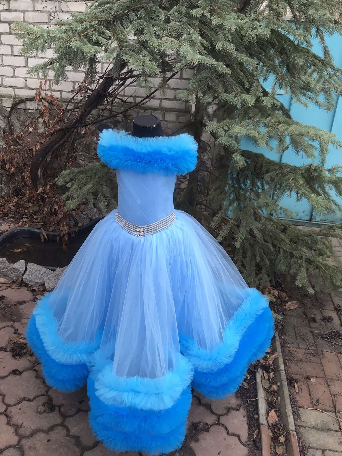 Blue Tulle Flower Girl Dress – Princess Ball Gown for Girls, Off Shoulder Party Dress