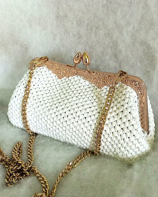 White crochet raffia wedding kisslock purse with golde chain