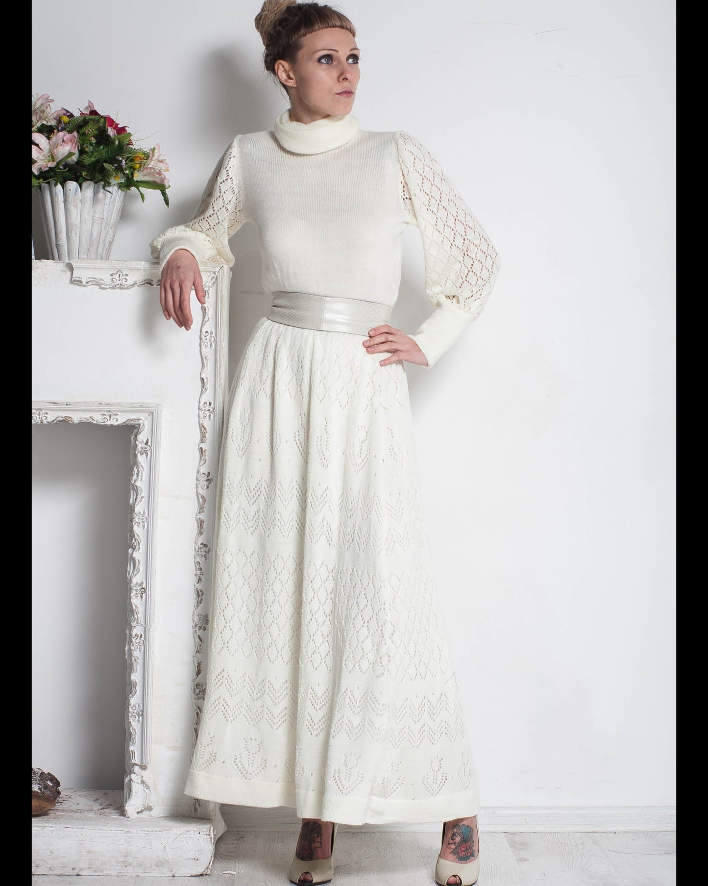 White knit maxi lace dress with turtlenck and long loose sleeves