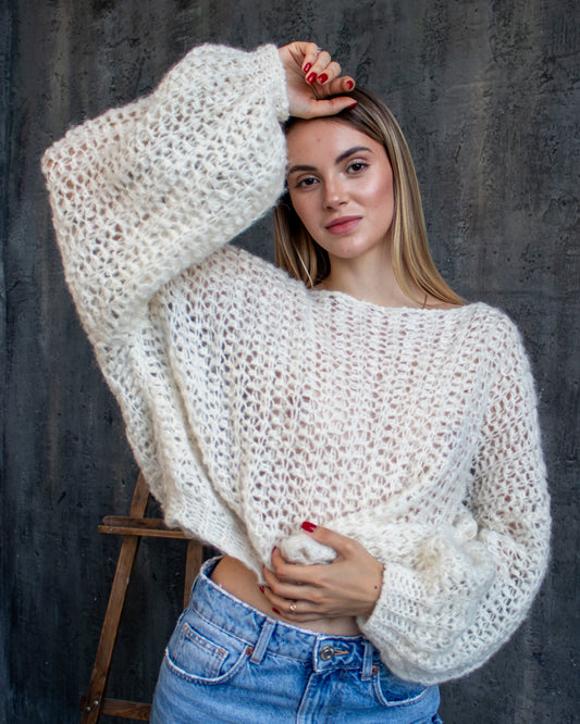 White mohair chunky cropped knit lacy jumper