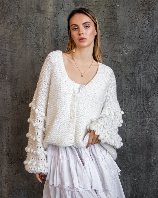 White handknit chunky oversized cardigan with sequines