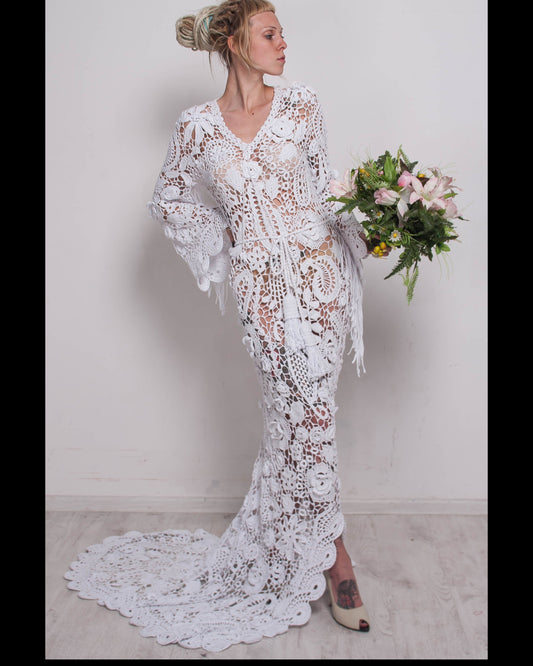 White crochet maxi length wedding dress in Irish lace teqnique