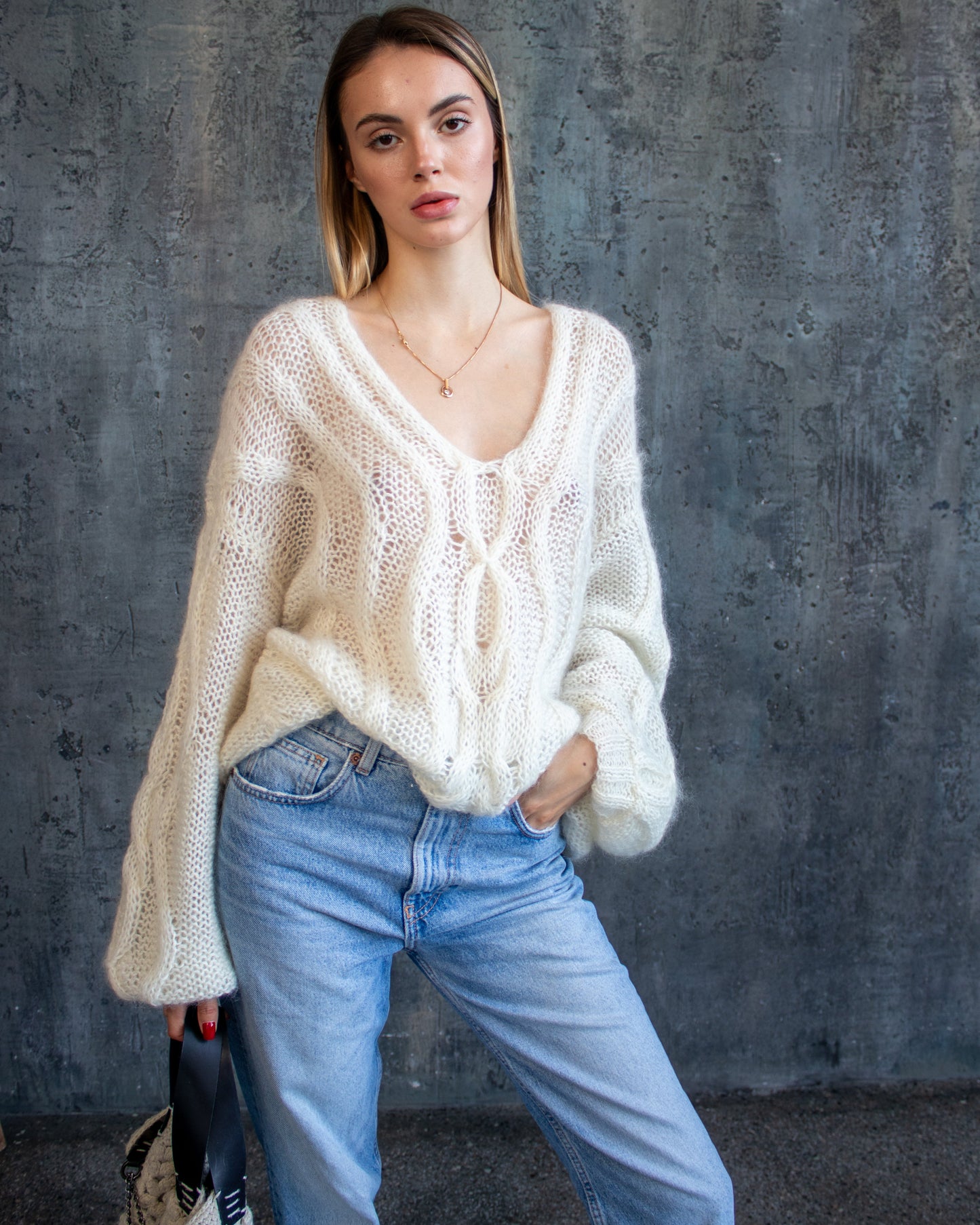 White oversize knit mohair jumper with cables