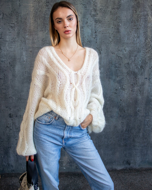White oversize knit mohair jumper with cables